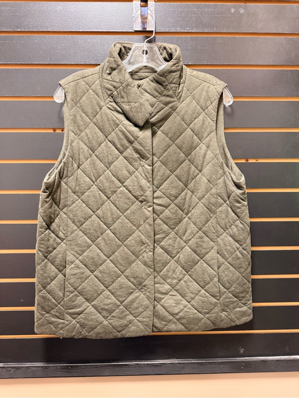 Eileen Fisher Large Olive Green Quilted Cotton Snap Front Vest